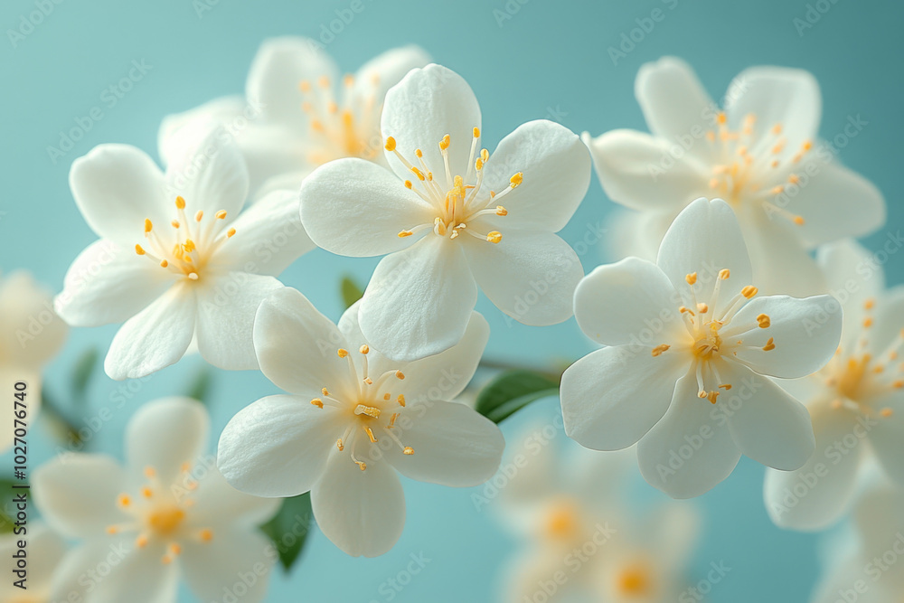 Delicate white jasmine flowers bloom against a soft blue background Delicate white jasmine flowers bloom against a soft blue background