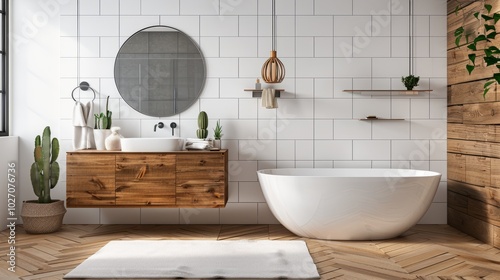 Interior of modern bathroom with white tile walls, wooden floor, comfortable white bathtub standing near round mirror and green plants. photo