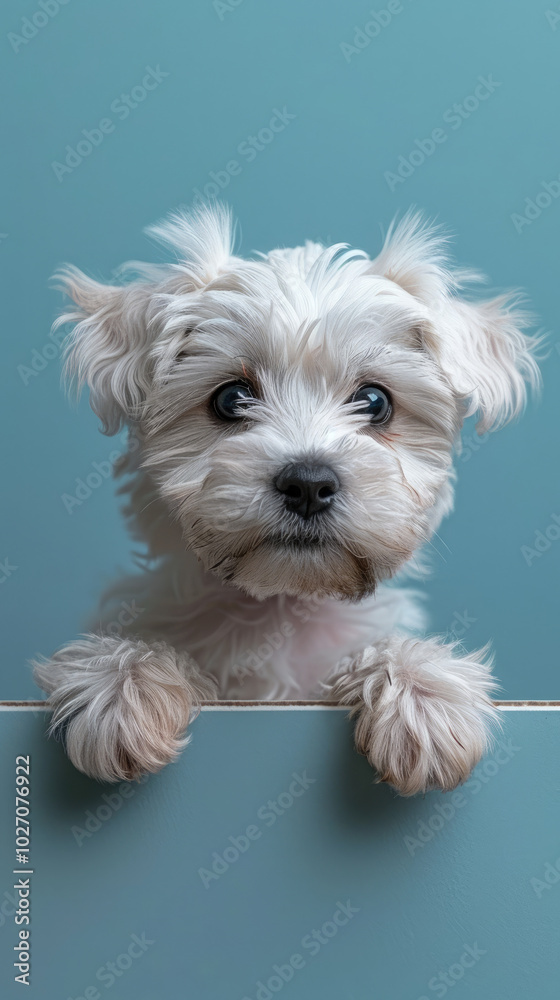 Maltese puppy dog peeking out from the edge of a blank billboard with his paws on the bottom edge and his head facing forward on a cute and adorable pastel background Maltese puppy dog peeking out from the edge of a blank billboard with his paws on the bottom edge and his head facing forward on a cute and adorable pastel background