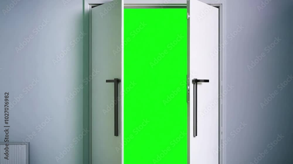White modern entrance door opening to a green screen. Generative AI White modern entrance door opening to a green screen. Generative AI