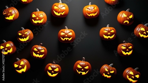 A Halloween themed black background with glowing Jack-o'-Lanterns. Halloween elements. Halloween wallpapers. Can be used in Halloween related designs, covers and presentations.