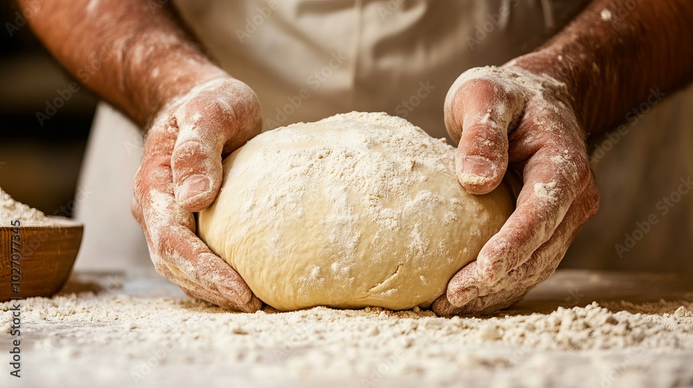 Kneading Dough with Flour in a Cozy Kitchen Setting Kneading Dough with Flour in a Cozy Kitchen Setting