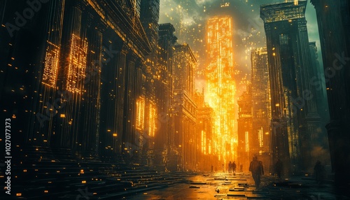 A glowing tower in a futuristic city, with people walking in the street.