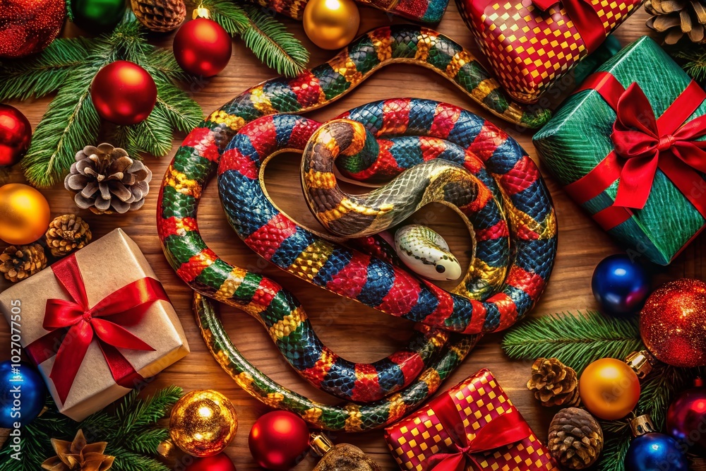 Obraz premium Vibrant aerial shot of a colorful snake intertwined with Christmas presents, capturing the essence of festive wildlife in a unique and playful