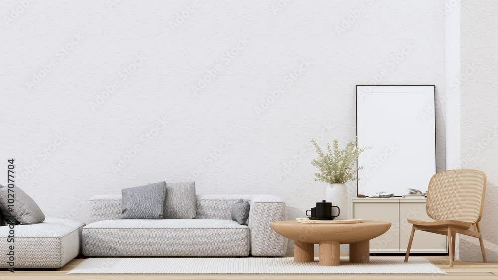 A cozy and minimalist living space featuring inspired wooden furniture soft lighting neutral tones and warm cozy creating a harmonious and relaxing atmosphere. 3d animation build up A cozy and minimalist living space featuring inspired wooden furniture soft lighting neutral tones and warm cozy creating a harmonious and relaxing atmosphere. 3d animation build up