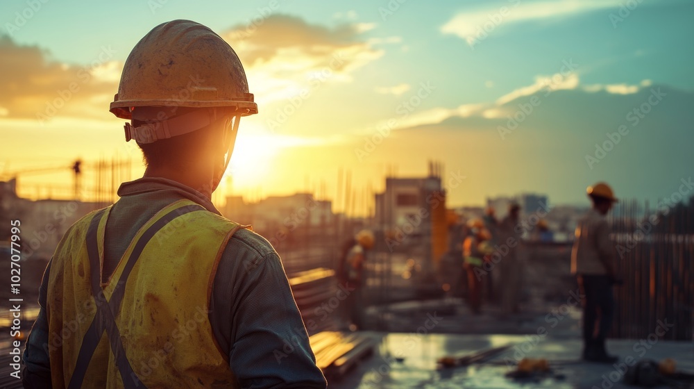 Construction worker in hard hat and vest looking at sunset with a cityscape in the background. Construction worker in hard hat and vest looking at sunset with a cityscape in the background.