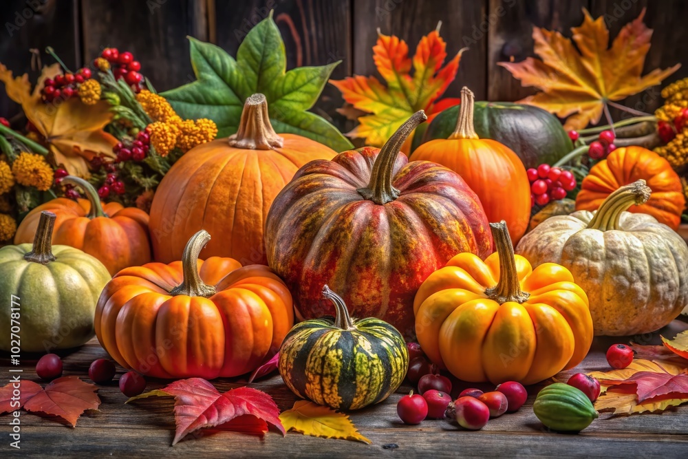 Vibrant Autumn Pumpkins and Colorful Leaves in Harvest Setting - Seasonal Food Photography Vibrant Autumn Pumpkins and Colorful Leaves in Harvest Setting - Seasonal Food Photography