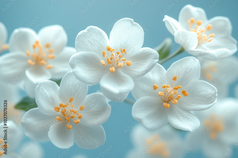 Delicate white jasmine flowers blooming against a serene light blue backdrop Delicate white jasmine flowers blooming against a serene light blue backdrop