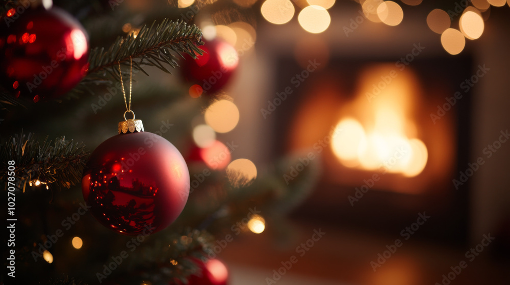 Close-up of a festive Christmas tree with red ornaments and a cozy fireplace Close-up of a festive Christmas tree with red ornaments and a cozy fireplace
