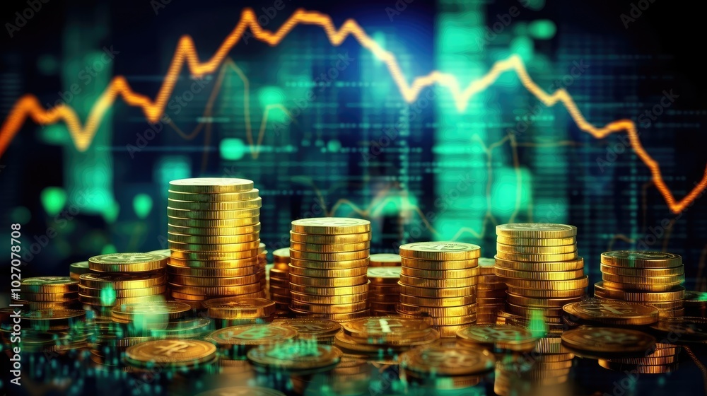 Stacked Gold Coins with Stock Market Graph