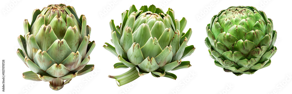 Set of Green artichoke with a purple base is isolated on a white background. Set of Green artichoke with a purple base is isolated on a white background.