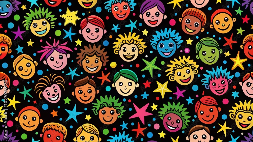Fototapeta premium Vibrant cartoon faces and playful stars create a lively pattern against a striking black backdrop, perfect for imaginative designs and eye-catching