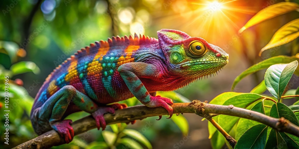 Obraz premium Vibrant Chameleon on Branch in Lush Jungle Landscape Photography
