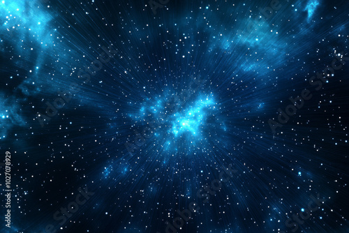 Exploration of blue light rays through a starry black space background design