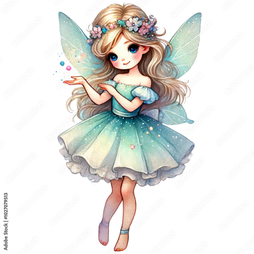Fairy girl with green wings in a matching dress. Fantasy character design for decoration. Fairy girl with green wings in a matching dress. Fantasy character design for decoration.