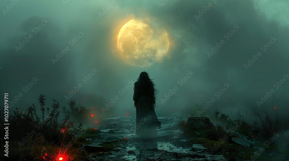 Mystical Moonlight: A Woman Walks Through Fog Mystical Moonlight: A Woman Walks Through Fog
