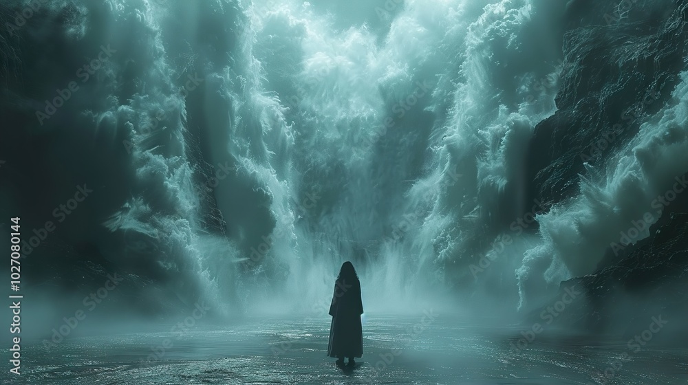 Mystical Waterfall Silhouette in Fog Mystical Waterfall Silhouette in Fog