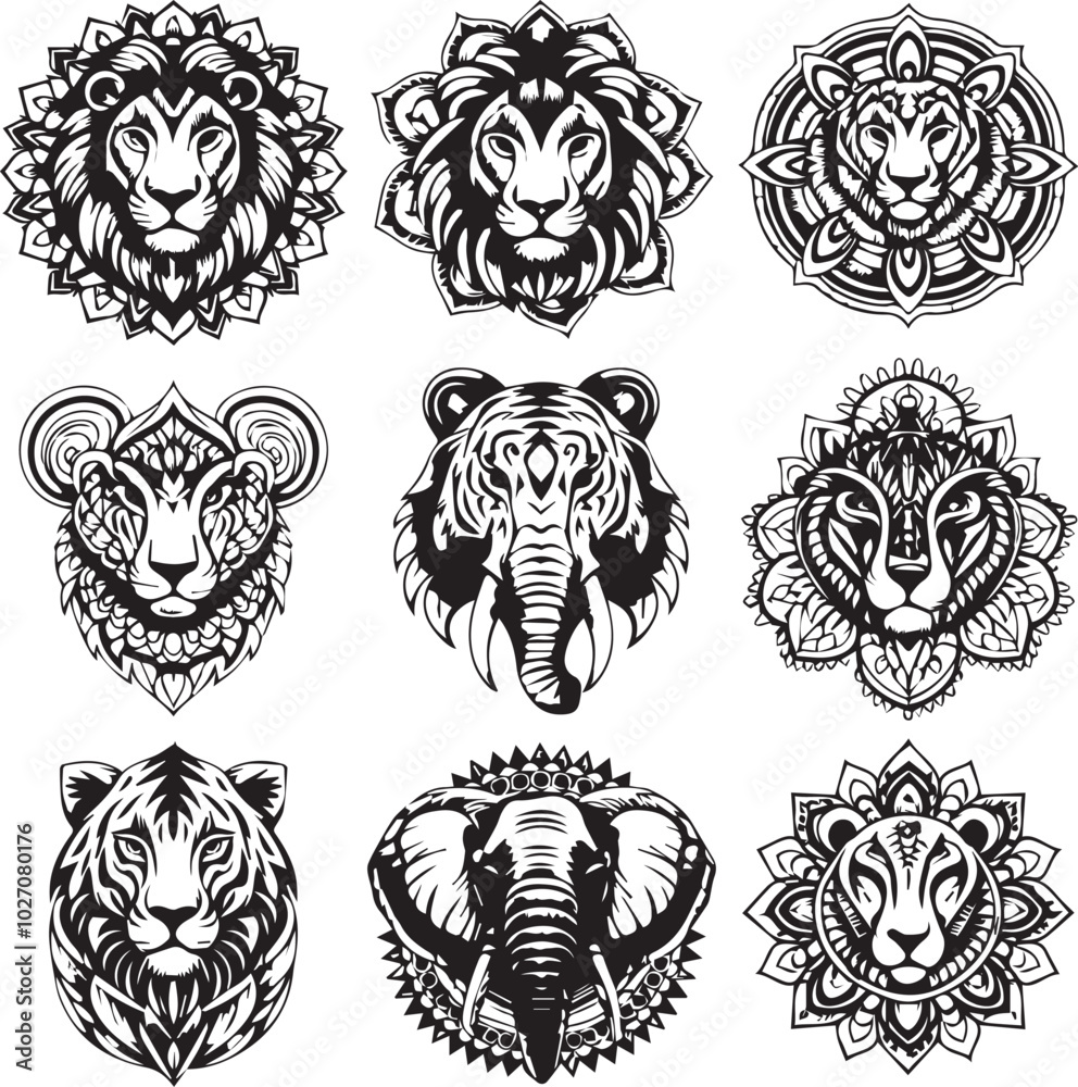 Ornamental Animal Heads with Mandala Patterns Vector Set Ornamental Animal Heads with Mandala Patterns Vector Set