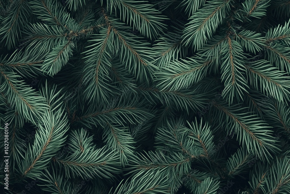 A seamless pattern of dark green pine branches and needles, creating an elegant background for festive Christmas designs A seamless pattern of dark green pine branches and needles, creating an elegant background for festive Christmas designs