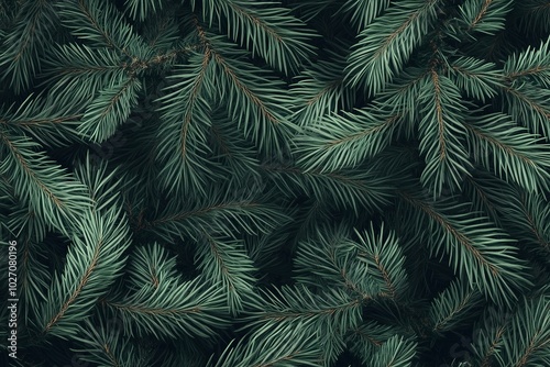 A seamless pattern of dark green pine branches and needles, creating an elegant background for festive Christmas designs