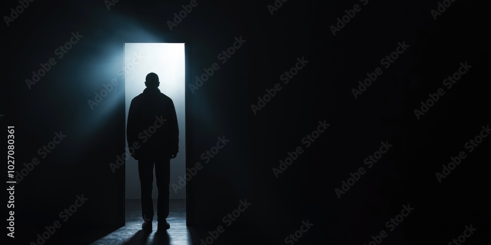 Obraz premium A silhouette of a person is seen walking into a brightly lit doorway, surrounded by darkness, symbolizing transition, hope, and new beginnings amid uncertainty.