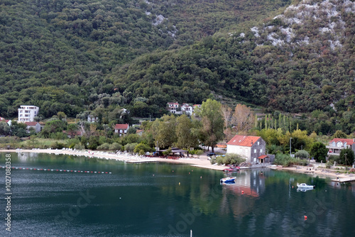 Aerial view to the small village Morinj in the Kotor bay, Montenegro