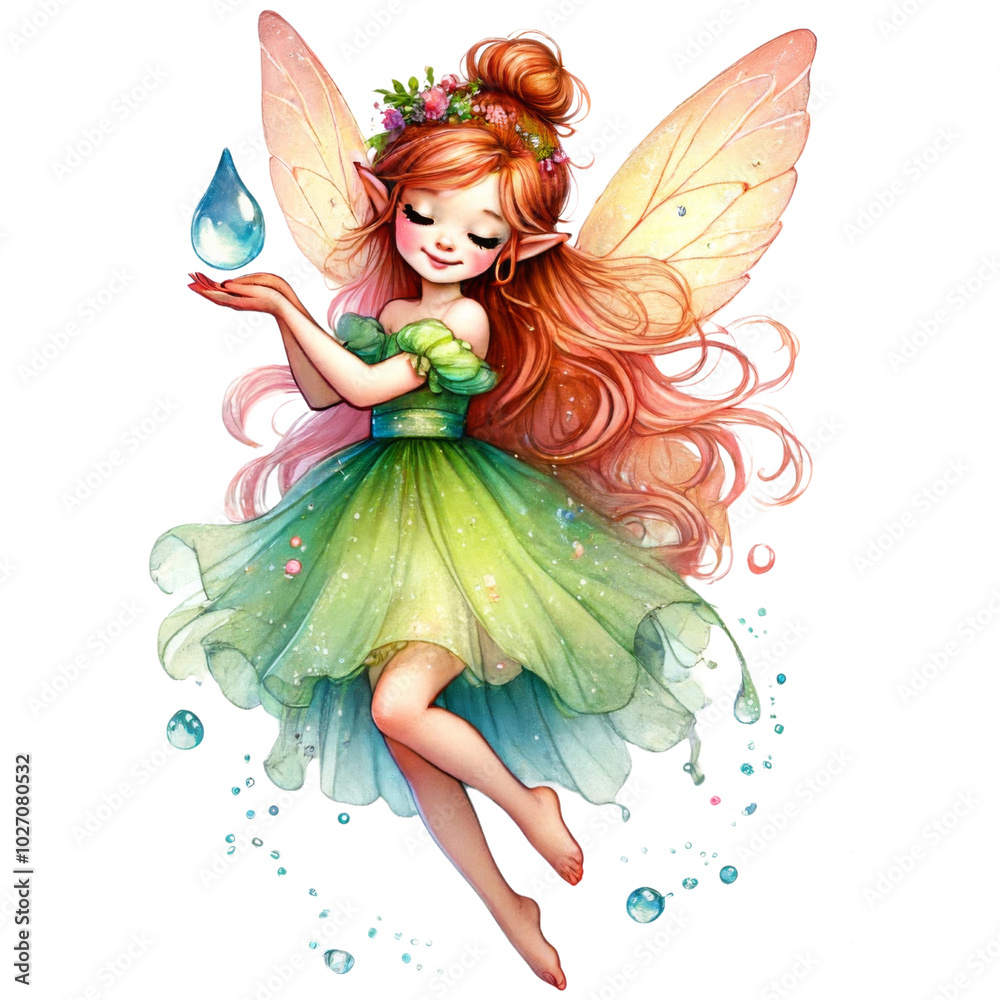 Fairy girl with crown and wings surrounded by water droplets. Fantasy character design for decoration. Fairy girl with crown and wings surrounded by water droplets. Fantasy character design for decoration.