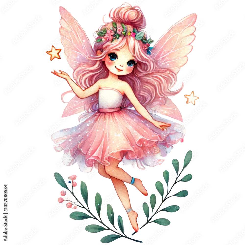 Fototapeta premium Fairy girl with floral crown, and gemstone accessory wearing a pastel dress. Watercolor sticker isolated on transparent background.