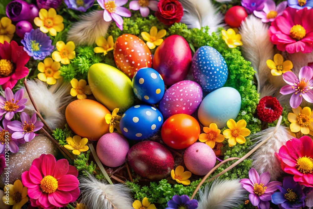 Vibrant Easter Eggs with Feathers and Spring Flowers - Top View Product Photography Vibrant Easter Eggs with Feathers and Spring Flowers - Top View Product Photography