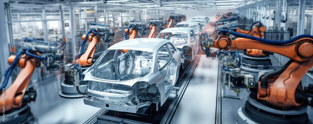 Advanced Robotics Line Assembling Cars in Factory Advanced Robotics Line Assembling Cars in Factory