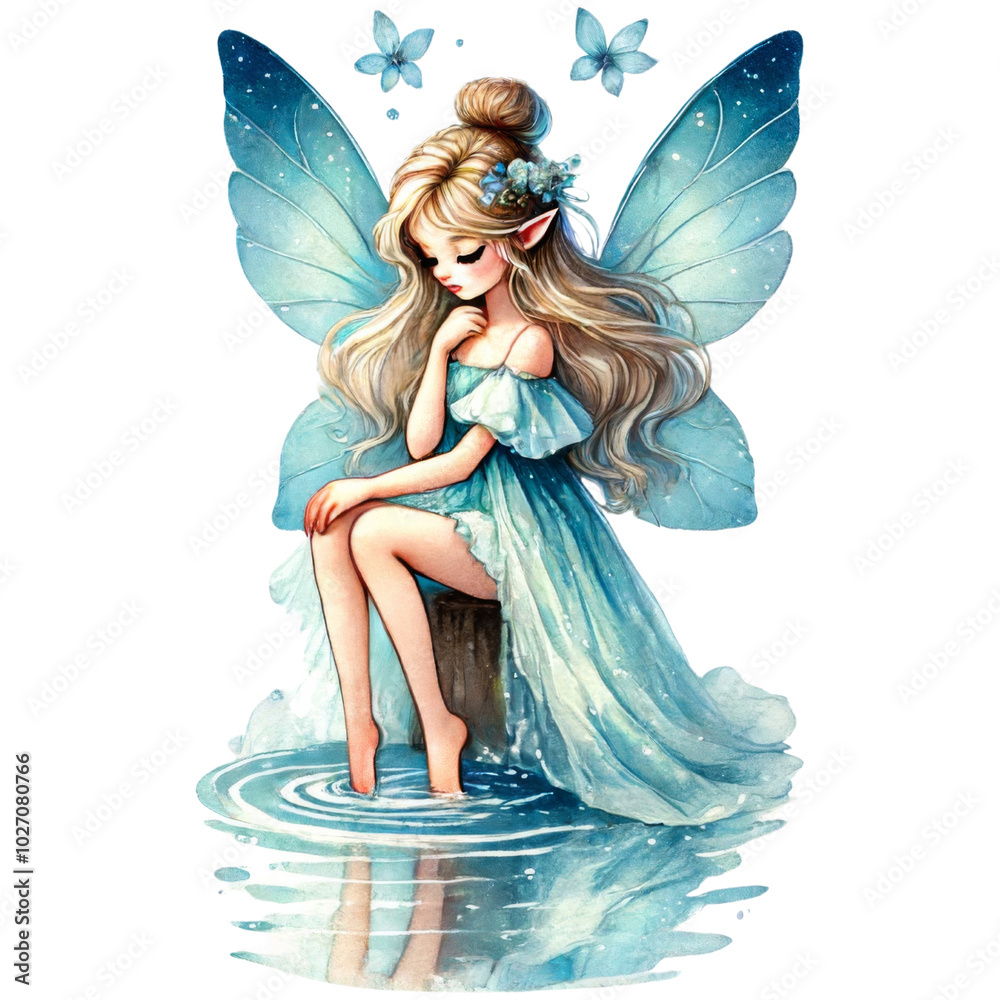 Fairy girl with blue wings and floral crown sitting by water with a reflection. Fairy girl with blue wings and floral crown sitting by water with a reflection.