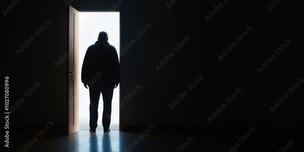 Obraz premium A silhouetted man stands at the threshold of an open door, stepping into a shadowy room, eliciting themes of transition and the journey from light to darkness.
