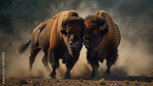 a powerful bison engaged in a fierce battle. Their massive horns clash as they push against each other. Dust swirls around them, obscuring the scene in a cloud of brown haze. photo