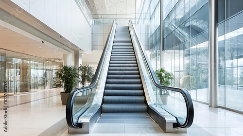 Empty escalator in a modern office building photo