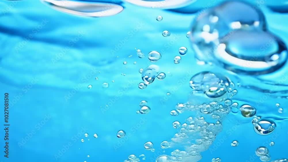 Underwater sunlight beams penetrate bright blue water with moving bubbles. video Underwater sunlight beams penetrate bright blue water with moving bubbles. video