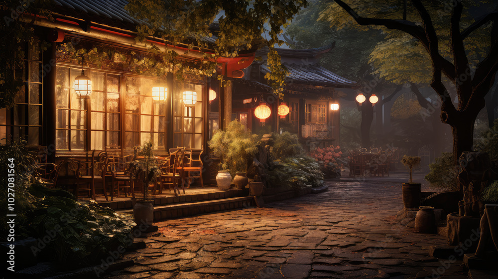 Enchanting Twilight in a Traditional Asian Courtyard