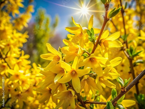 Vibrant Forsythia x intermedia Lynwood Blooms in High Dynamic Range Photography photo