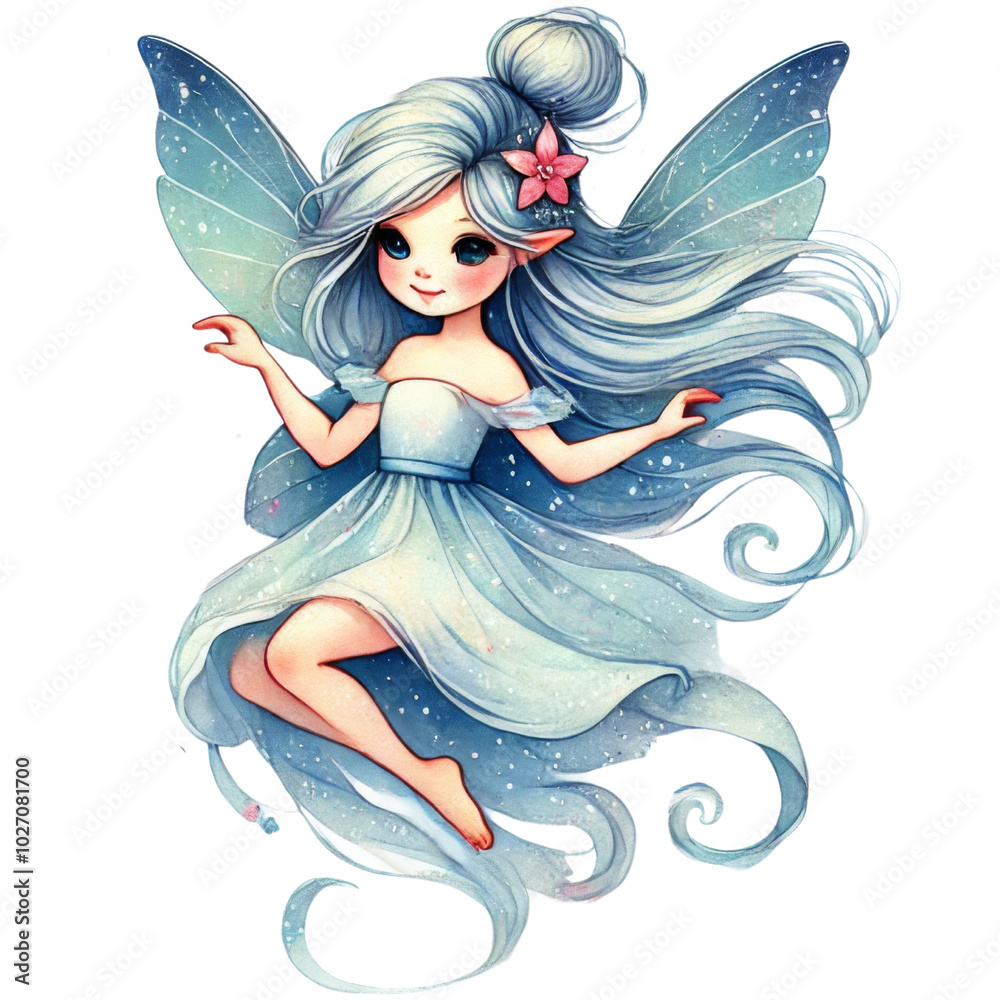Fairy girl with blue wings in a matching dress. Fantasy character design for decoration. Fairy girl with blue wings in a matching dress. Fantasy character design for decoration.