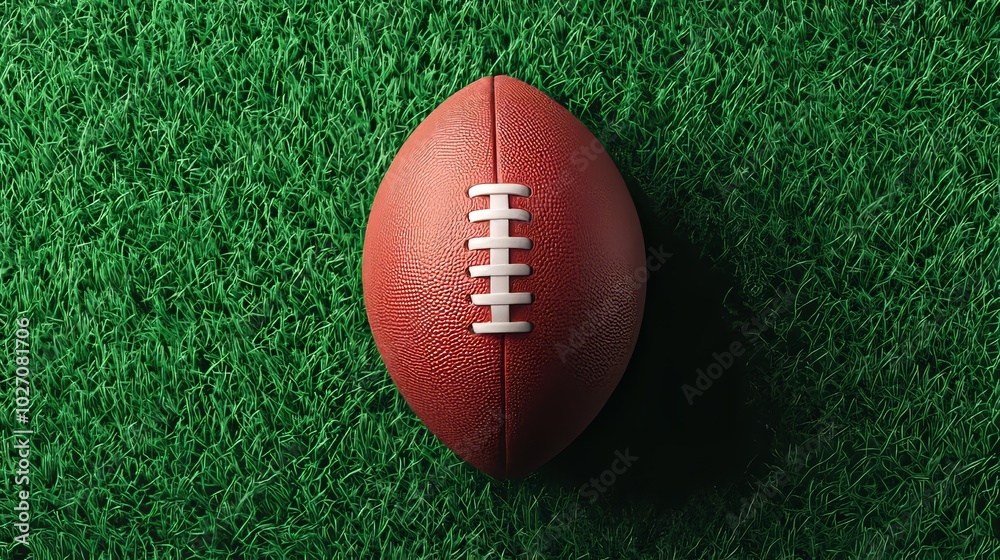 Obraz premium A clean top-down view of an American football resting on fresh, vibrant green field grass. The ball is centered, surrounded by open space for text