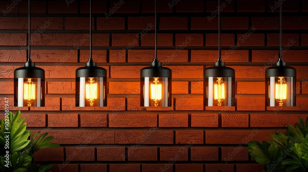 A cluster of hanging pendant lamps glowing softly against a red brick wall, contrasting textures of metal and brick A cluster of hanging pendant lamps glowing softly against a red brick wall, contrasting textures of metal and brick
