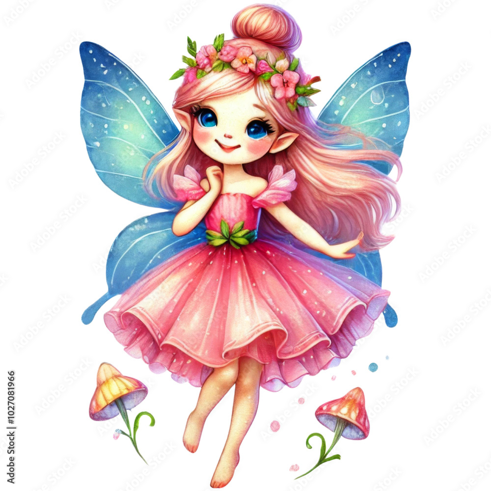 Fairy girl with floral crown, and gemstone accessory wearing a pastel dress. Watercolor sticker isolated on transparent background. Fairy girl with floral crown, and gemstone accessory wearing a pastel dress. Watercolor sticker isolated on transparent background.
