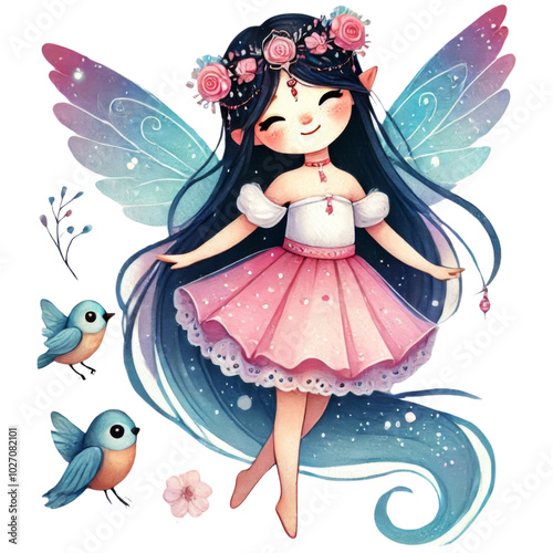 Watercolor fairy girl with long dark hair, floral crown, and blue wings surrounded by birds and flowers.