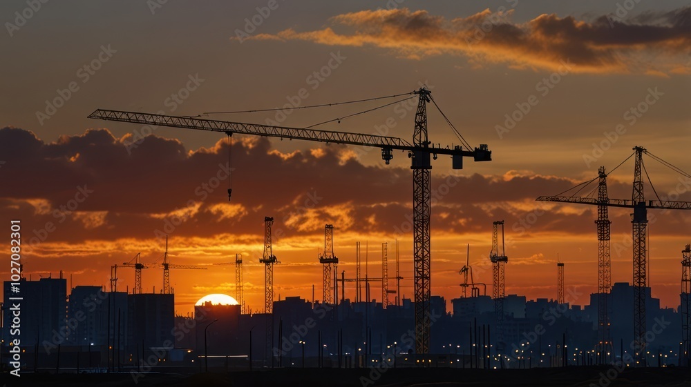 Obraz premium Silhouettes of construction cranes against a fiery sunset over a cityscape.