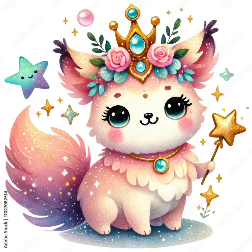 Fototapeta premium Fantasy animal with unicorn horn, rainbow elements, and stars. Watercolor sticker isolated on transparent background.
