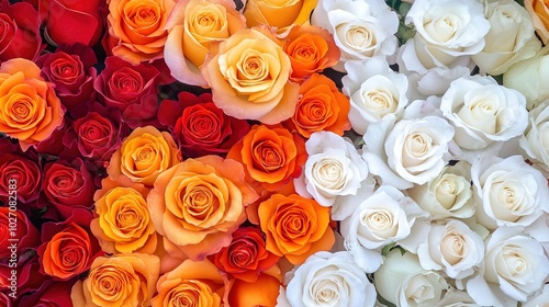 Beautiful arrangement of red, orange, and white roses, showcasing vibrant colors and intricate details, perfect for floral design, romantic themes, and elegant decor.