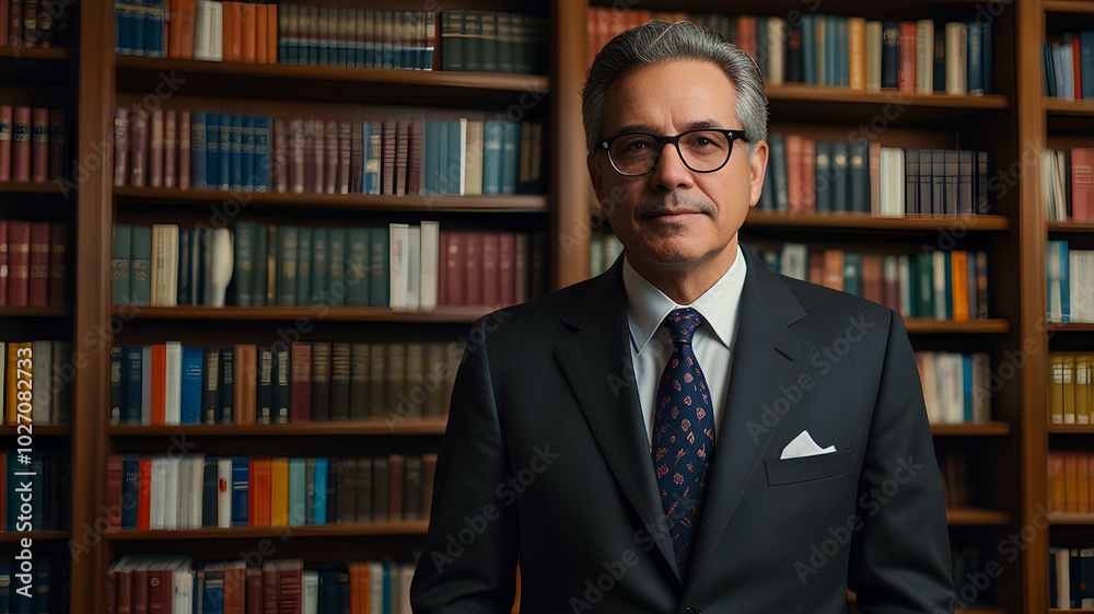 A distinguished professor in a suit stands proudly in front of a large bookshelf stuffed with academic books. A distinguished professor in a suit stands proudly in front of a large bookshelf stuffed with academic books.