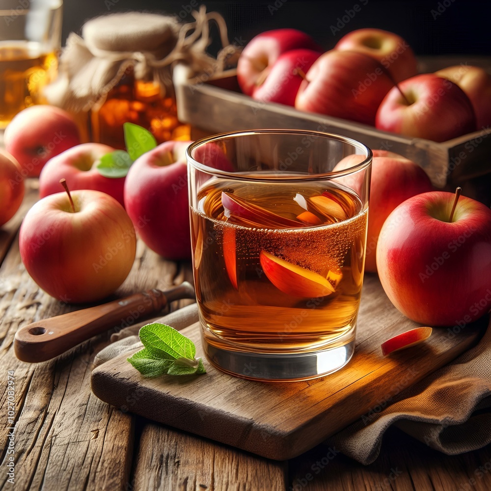A glass of flavorful apple cider set on a rustic wooden table with fresh red apples scattered around. A glass of flavorful apple cider set on a rustic wooden table with fresh red apples scattered around.