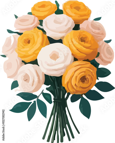A beautifully arranged bouquet of yellow and white roses with lush green leaves, perfect for celebrations, weddings, or floral-themed projects. This vibrant arrangement conveys joy and elegance.
