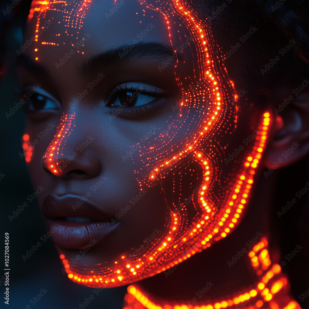 Futuristic portrait of a woman with glowing circuitry on her face in dark environment Futuristic portrait of a woman with glowing circuitry on her face in dark environment