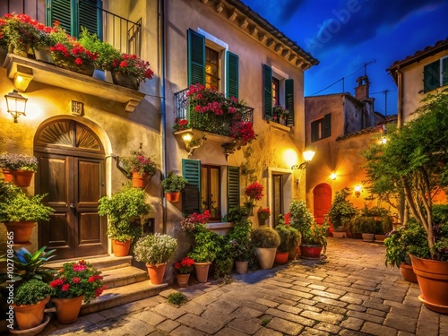 Vibrant Mediterranean Night Scene: Italian Architecture Awash in Colorful Sunlight